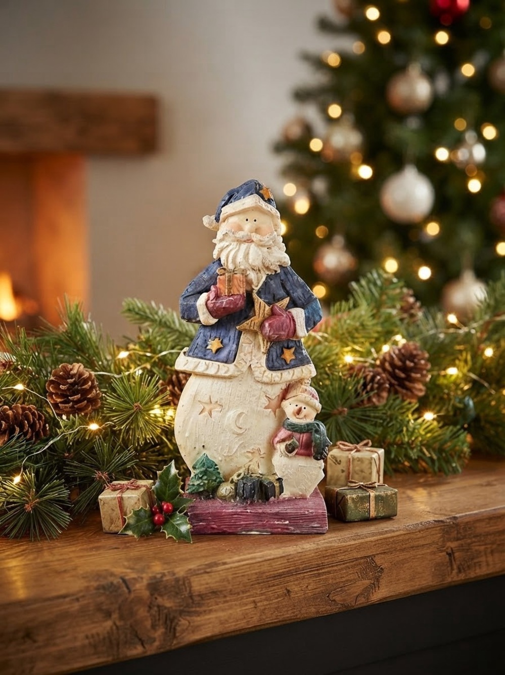 Vintage Blue Coat Santa and Snowman Figurine Holiday Collectible Mantel Decor